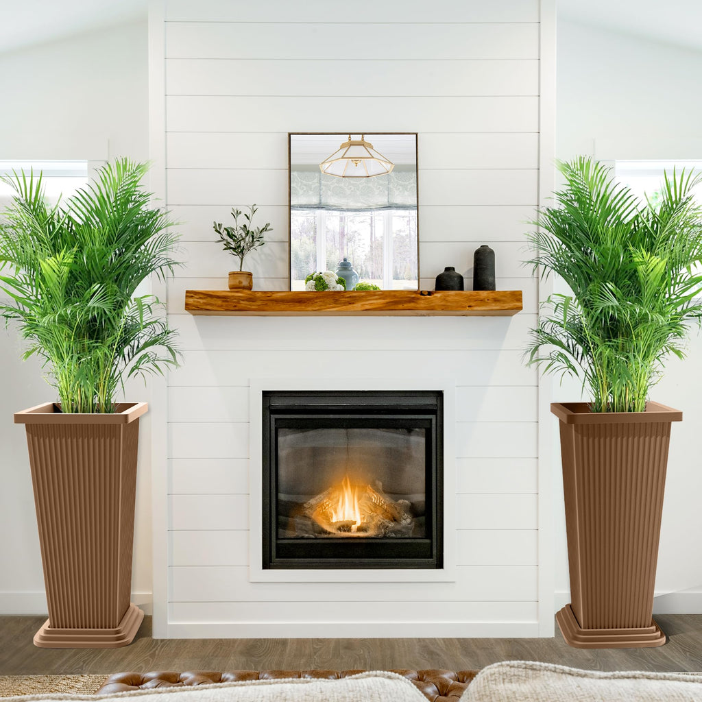 Set of 2 Tall Planters for Outdoor Plants, Brown Ribbed