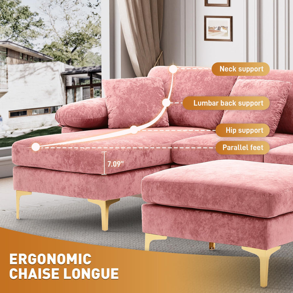 114" U-Shaped Sectional Couch with Ottoman, Pink