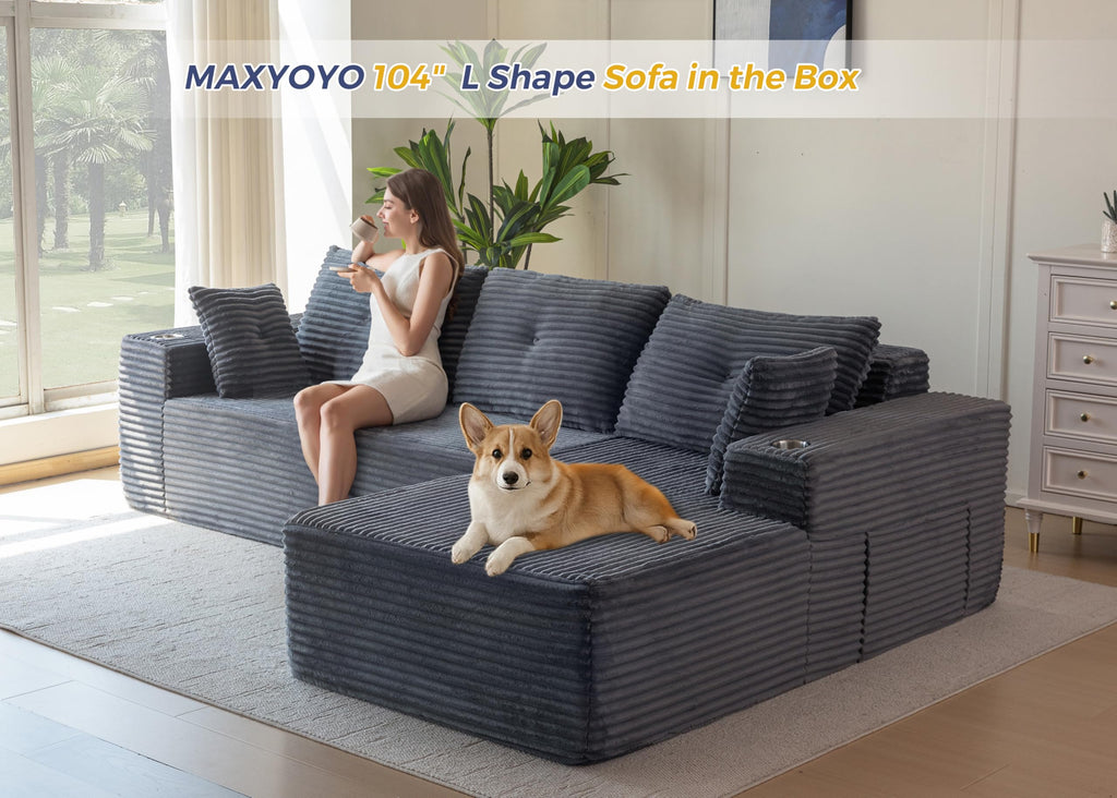 Boneless Couch, 104" L-Shape Sectional Sofa, Right-Facing Chaise