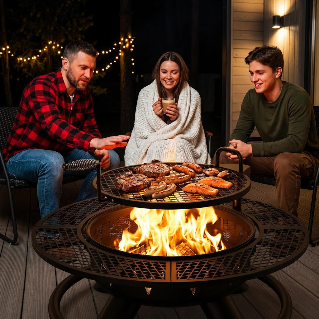 Fire Pit with Poker, Outdoor Fire Pit Extra Large, Wood Burning Firepits for Outside with Grill, 47 inch