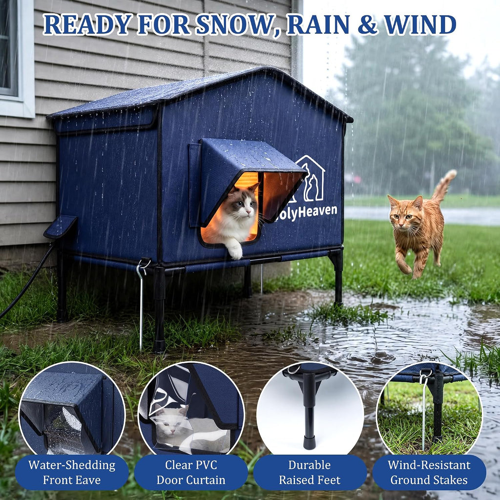 Extra Large PU Leather Heated Cat House for Outside, Waterproof Cat Houses for Outdoor Cats with Heating Pad & Escape