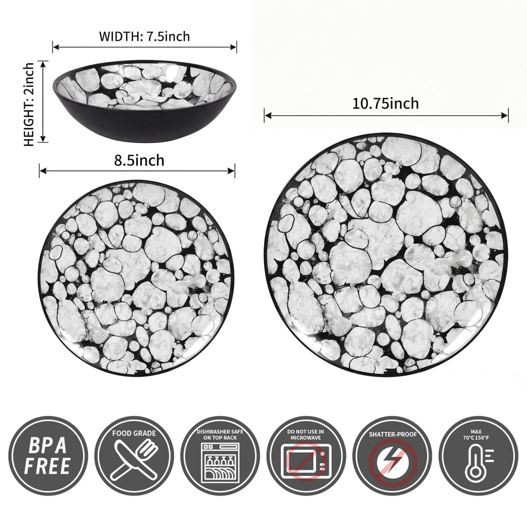 Melamine Dinnerware Set 12pcs, Black and White Plates and Bowls Sets
