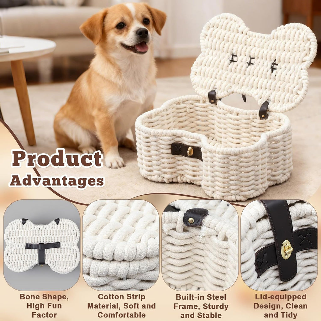 Shaped Dog Toy Basket with Lid, Cotton Rope Woven Pet Toys Bin