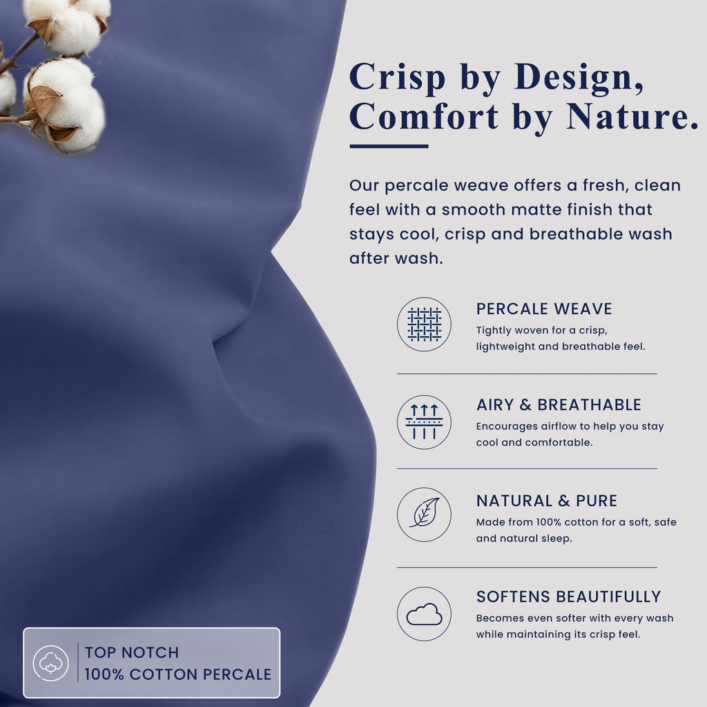 100% Cotton California King Sheets, Percale Weave, Classic Blue