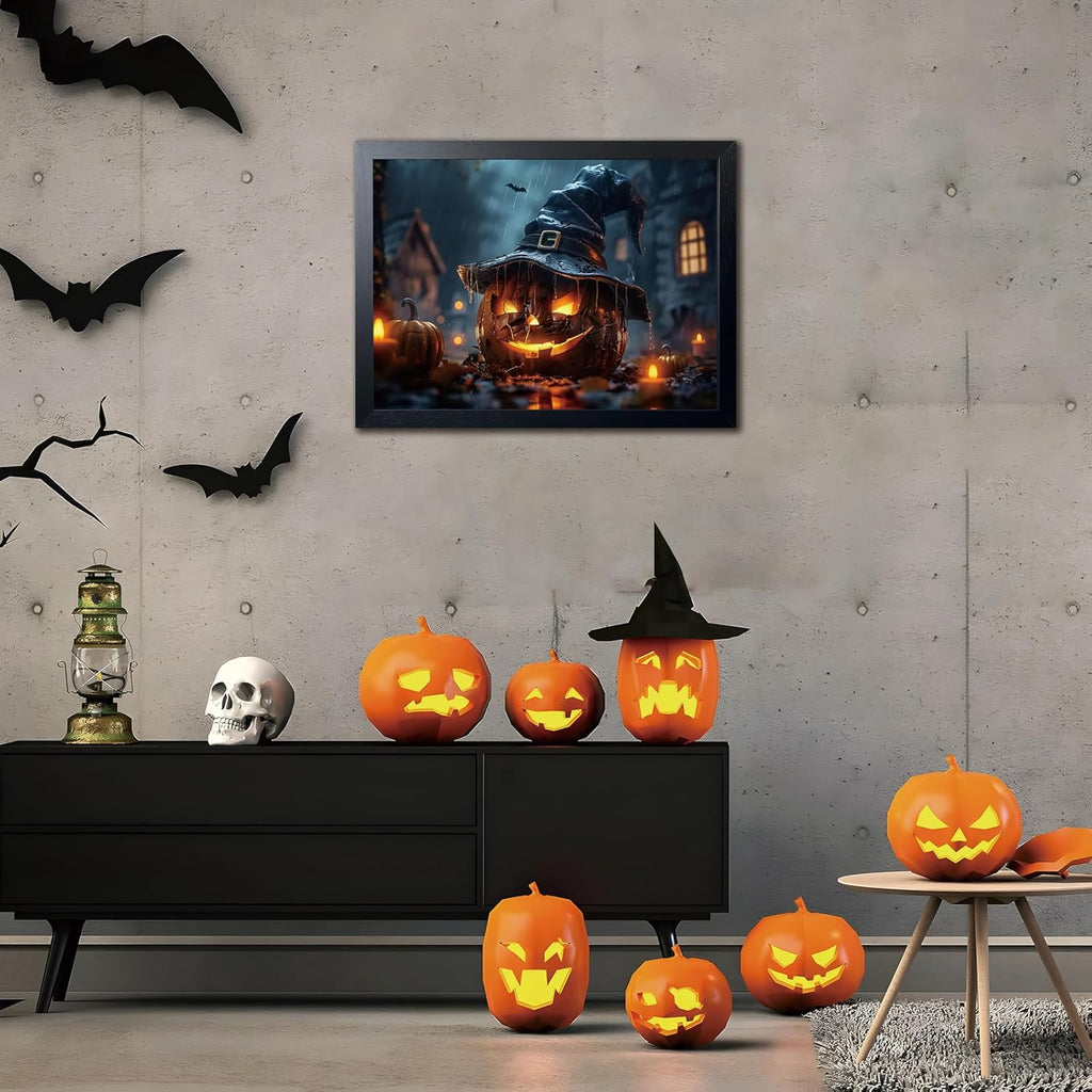 Wood Framed Dark Halloween Pumpkin Wall Art, Gothic Witch Hat Jack-o'-Lantern Canvas Print, Dark Academia Spooky