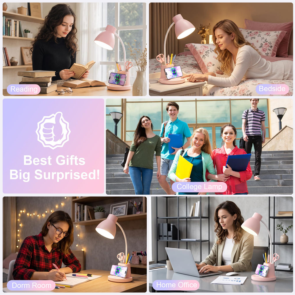 10W Wireless Charging LED Desk Lamp with Pen Holder, CRI 95, Pink