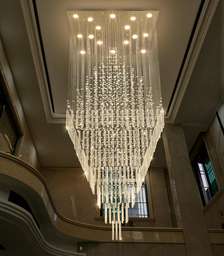 W40 x H120 Glam Chandelier with LED Bulbs Square Chandeliers, Crystal Raindrop High Ceiling Pendant Light for Entrance Large Villa Foyer Lighting Fixtures Gold A100-B0F5PNBGMG