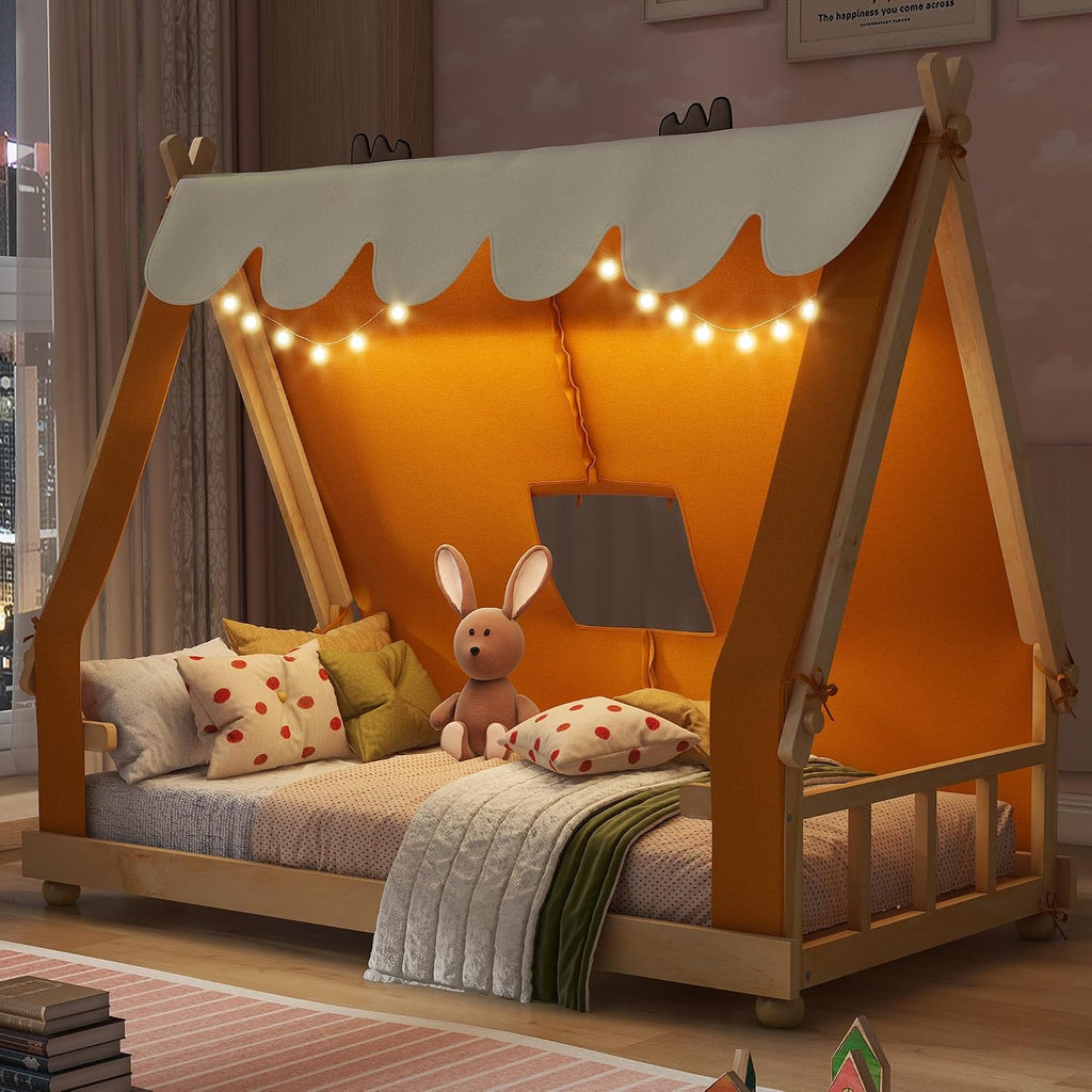 Twin Size House Bed with Tent & Light, Wooden Full Montessori Floor Beds for Kids with Roof, DIY Playhouse, No Box