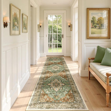 Area Rugs Runner 2'x8' Washable Non-Slip, Floral Vintage Distress Medallion Carpet for Kitchen Hallw