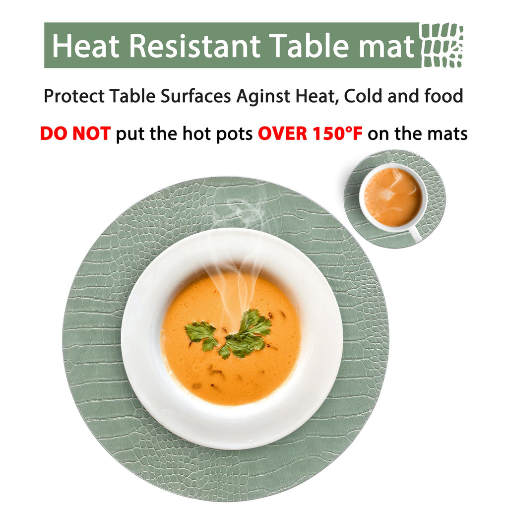 Round Leather Placemats for Round Tables Set of 8, Green Place Mats and Coasters, Wipeable Waterproof Heat Resistant
