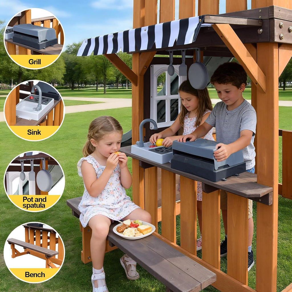 Cedar Wood Swing Set with Slide,Rock Wall,Belt Swings,Tic-Tac-Toe, Play Kitchen for Kids Backyard Outdoor