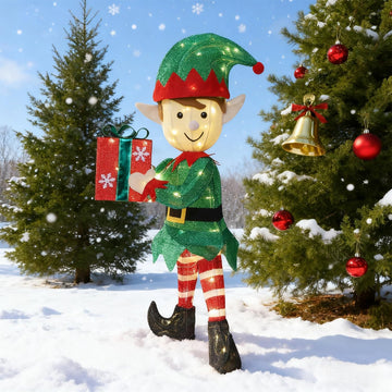 Lighted Christmas Outdoor Decor, 38" Height Pre-Lit 3D Tinsel Xmas Green Elf Figure, Light Up Xmas Yard Displays