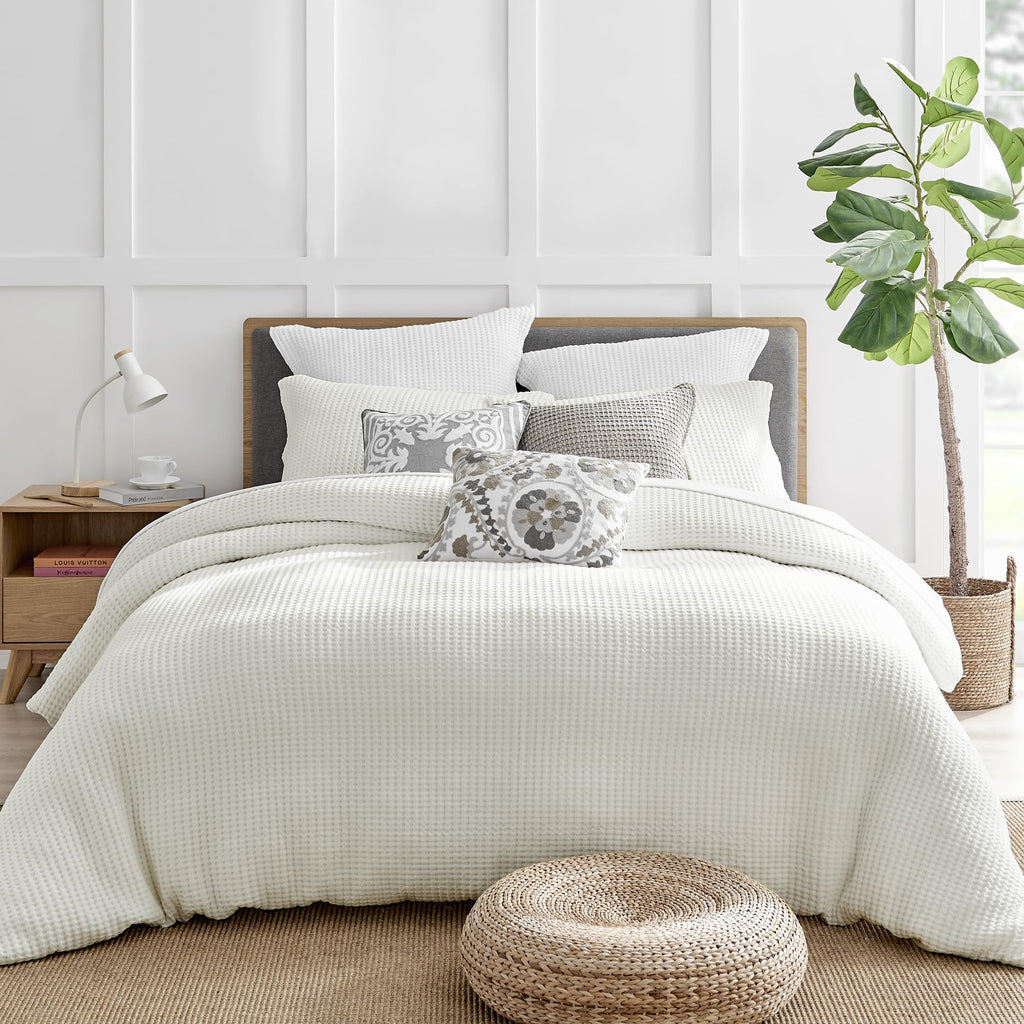 Mills Waffle Duvet Cover Set (106x94in) with 2 Pillow Shams (36x20in) - Cream - Cotton Duvet Cover Set