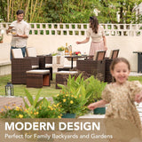9 Pieces Patio Dining Sets Outdoor Space Saving Rattan Chairs with Glass Table Patio Furniture Sets Cushioned Seating