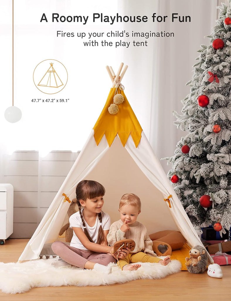 Toddler Teepee With Padded Mat and Lights - Kids Indoor Play Tent, Large Canvas Cotton Tipee for Children