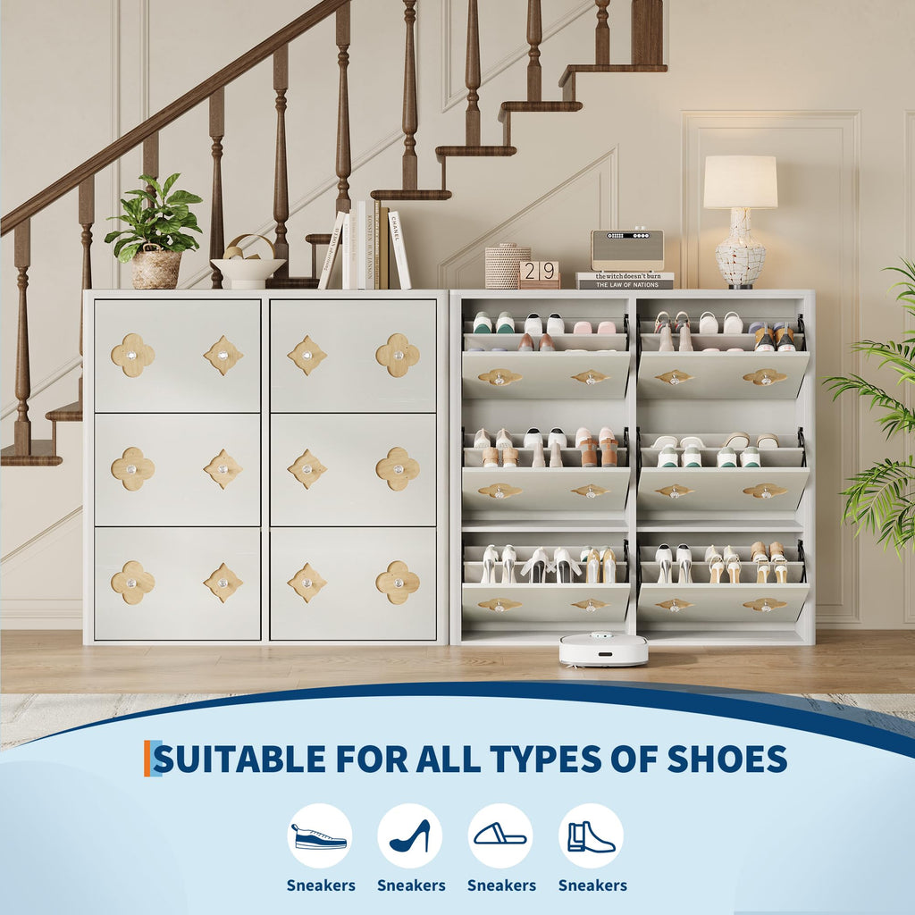 Shoe Storage Cabinet with 6 Flip Drawers, Narrow Wood Shoe Organizer Cabinet with Floral Pattern, Freestanding Slim