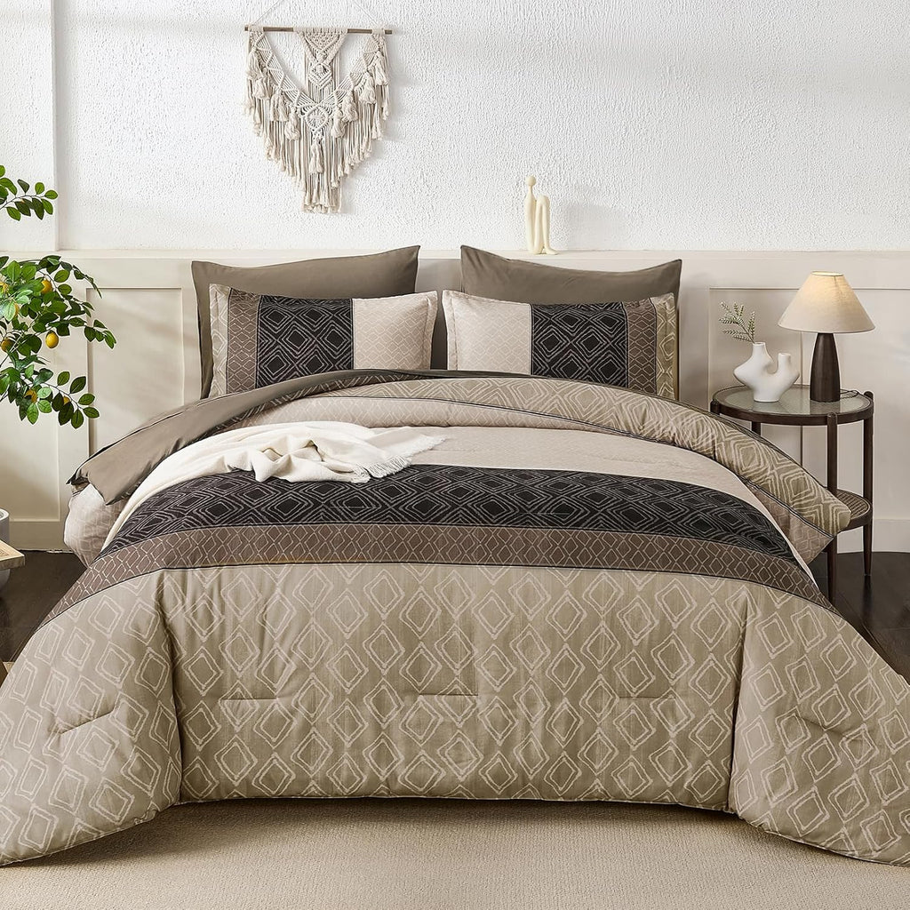 Dinjoy Boho Queen Comforter Set Light Brown,7 Piece Bed in a Bag Queen Warm Striped Bedding Sets with Plaid Fall