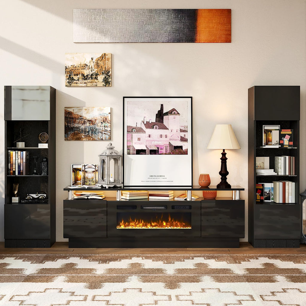 With 36" Electric Fireplace, 2 Tier TV Console Stand for TVs Up to 90"", LED Light Entertainment Center, Fireplace