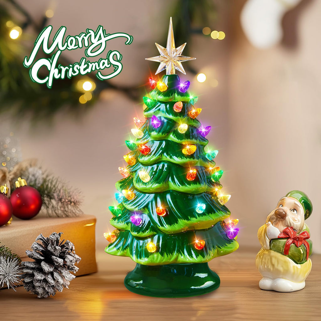 13 Inch Ceramic Christmas Tree, Tabletop Christmas Tree with Multicolored LED Lights, Battery Operated Vintage