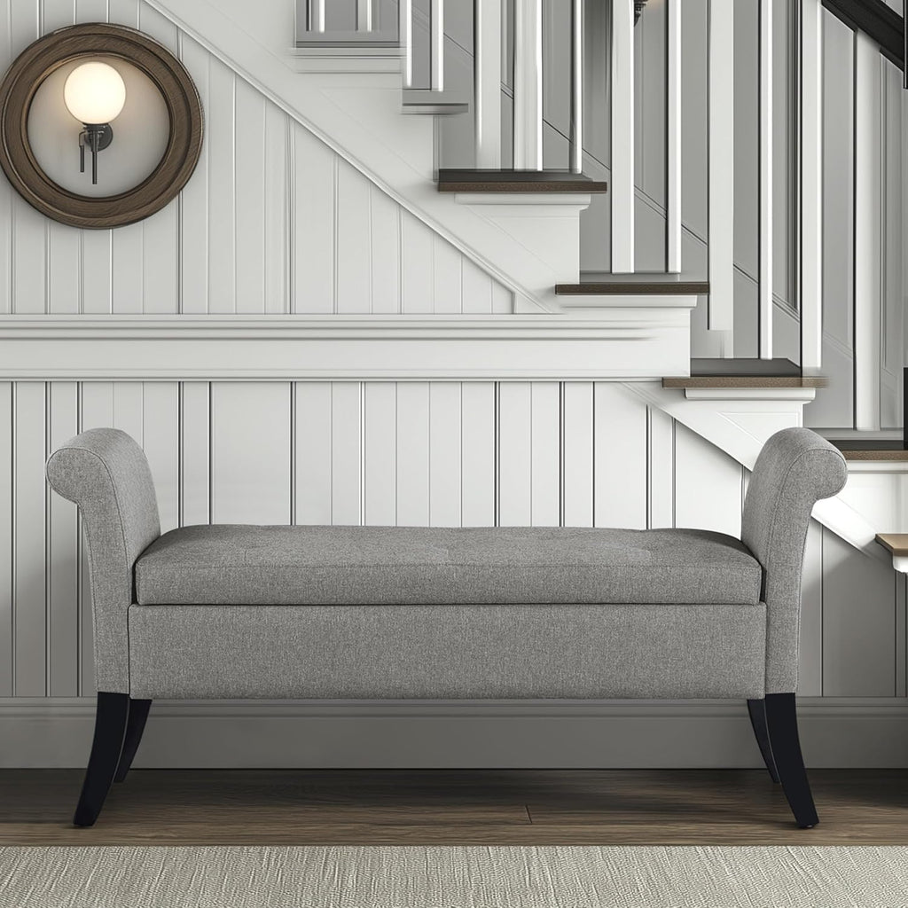 52in Rolled Arm Storage Ottoman Bench , Light Gray | Button-Tufted Bench Seat with 1.9C Storage Space, Rolled Arms