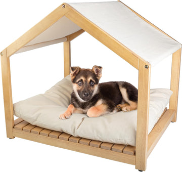 Dog House - 30x24-Inch Indoor Dog House with Soft Cushion and Adjustable Canopy - Wood Dog Furniture for Small to