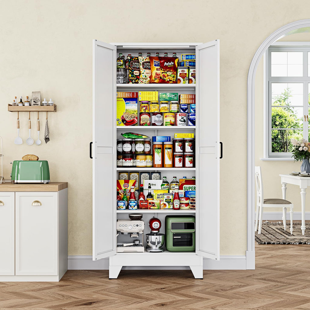 75" H Metal Storage Cabinet with 2 Doors and 4 Shelves, Tall Kitchen Pantry Cabinets, Farmhouse Utility Pantry