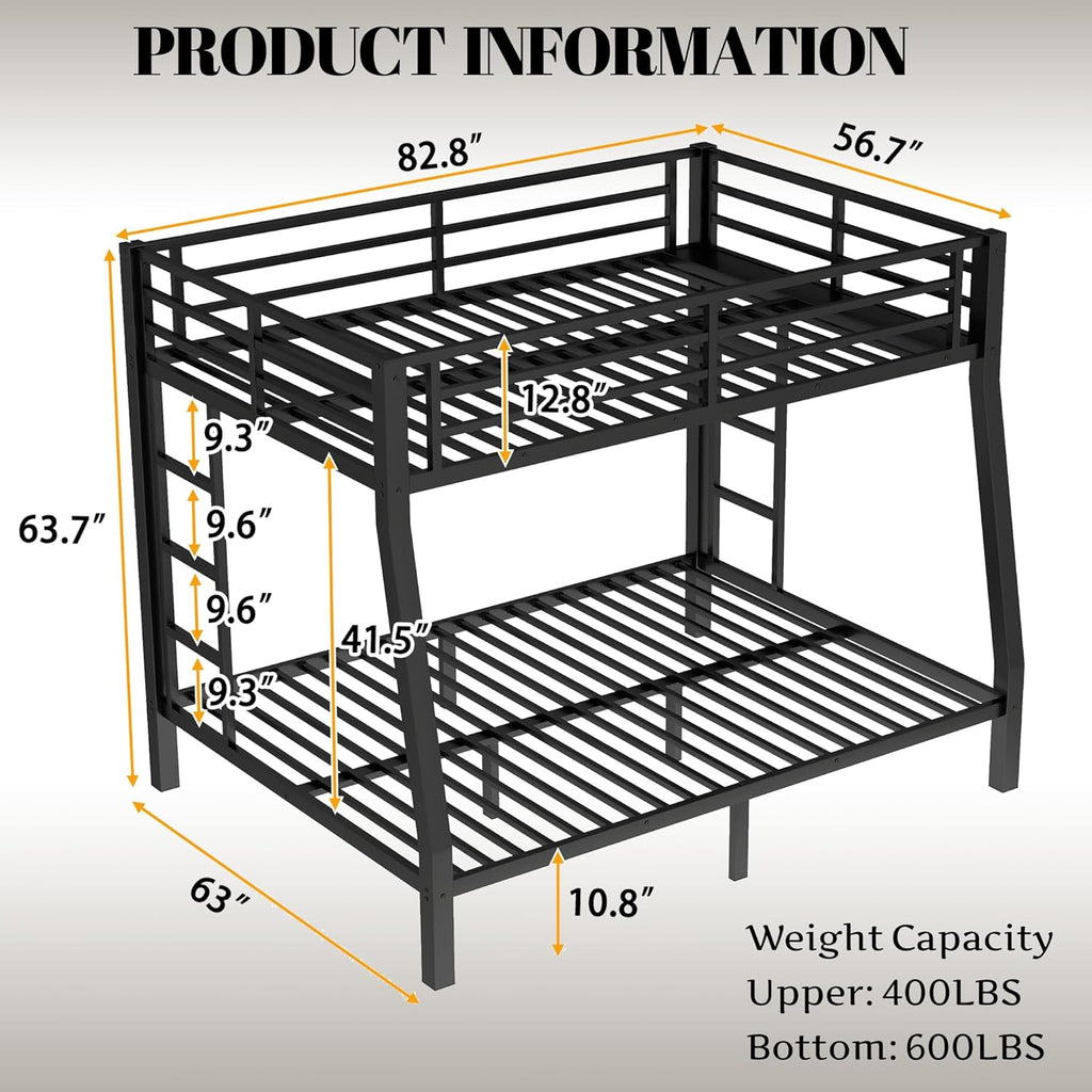 Metal Full XL Over Queen Bunk Bed with High Guardrail & Under-Bed Storage