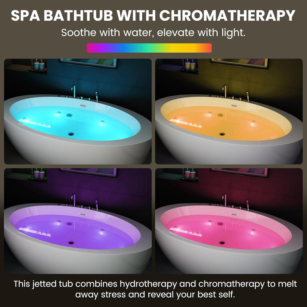 71" Acrylic Freestanding Whirlpool Bathtub, Oval Jetted Soaking Tub with 6 Water Jets & 7-Color LED Lights
