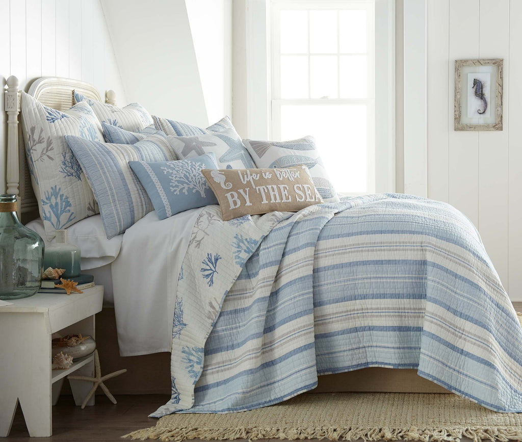 Ipanema Quilt Set - King/Cal King Quilt + Two King Pillow Shams - Coastal - Blue, Taupe and Cream - Quilt