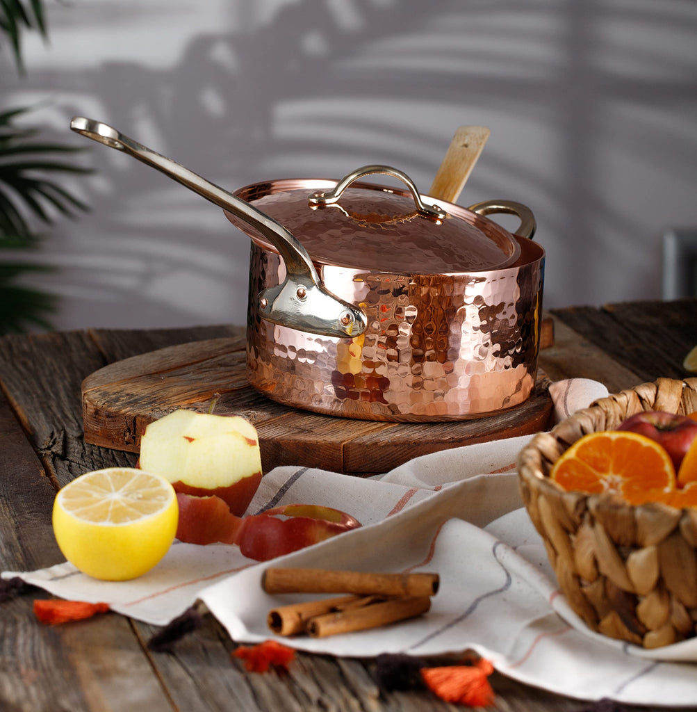 1mm Thick Hammered Unlined Uncoated Solid Copper Sugar Sauce Zabaglione Pan Candy Jam Caramel Dessert Pot with Lid
