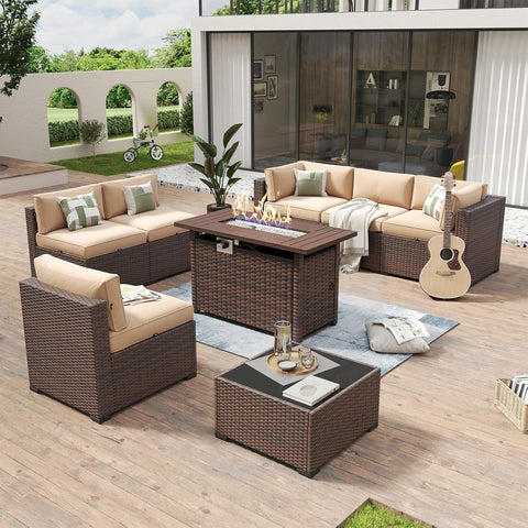 Aoxun 8 Piece Patio Furniture Set with 44” Fire Pit Table Wicker Rattan Outdoor Sectional Sofa Set with Coffee Table