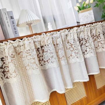 Vintage Beige Embroidered Floral Lace Sheer Curtain Valance