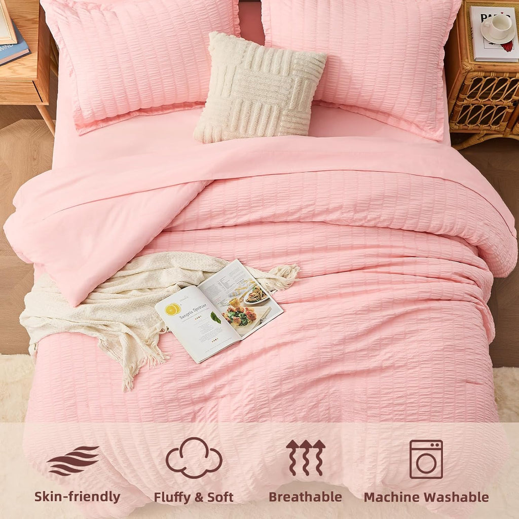 Pink Queen Comforter Set 7 Pieces, Luxury Seersucker Queen Bed Set for All Seasons