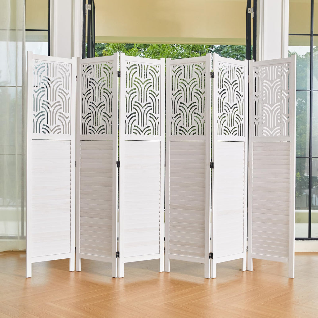 Folding Room Divider, 66.9 Inch 6 Panels Wood Carved Privacy Screens, Free Assembled Freestanding Portable Separation