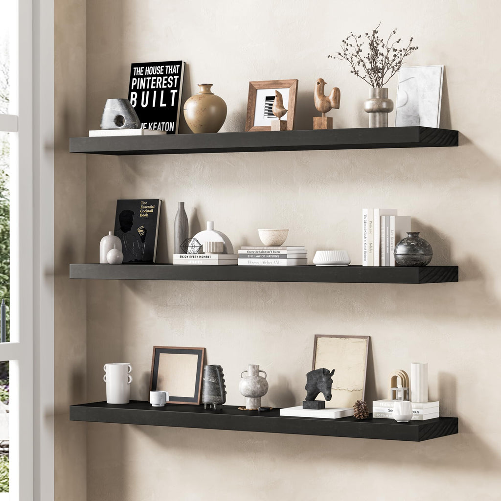 Solid Wood Floating Shelves for Wall, Set of 2 - 16 Inch Rustic Farmhouse Wall Shelf, Deep Natural Wood Storage Shelf