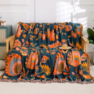 Boho Throw Blanket for Bed, 100% Organic Cotton Muslin Soft Throw-Orange Boho Floral Farmhouse Rustic Spring Summer