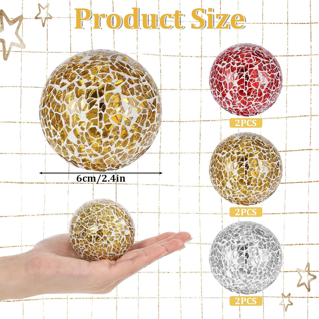 Decorative Balls for Bowls, 2.4 Inch Mosaic Sphere Balls Decorative, Mosaic Glass Orbs Centerpiece Balls - Set of 6
