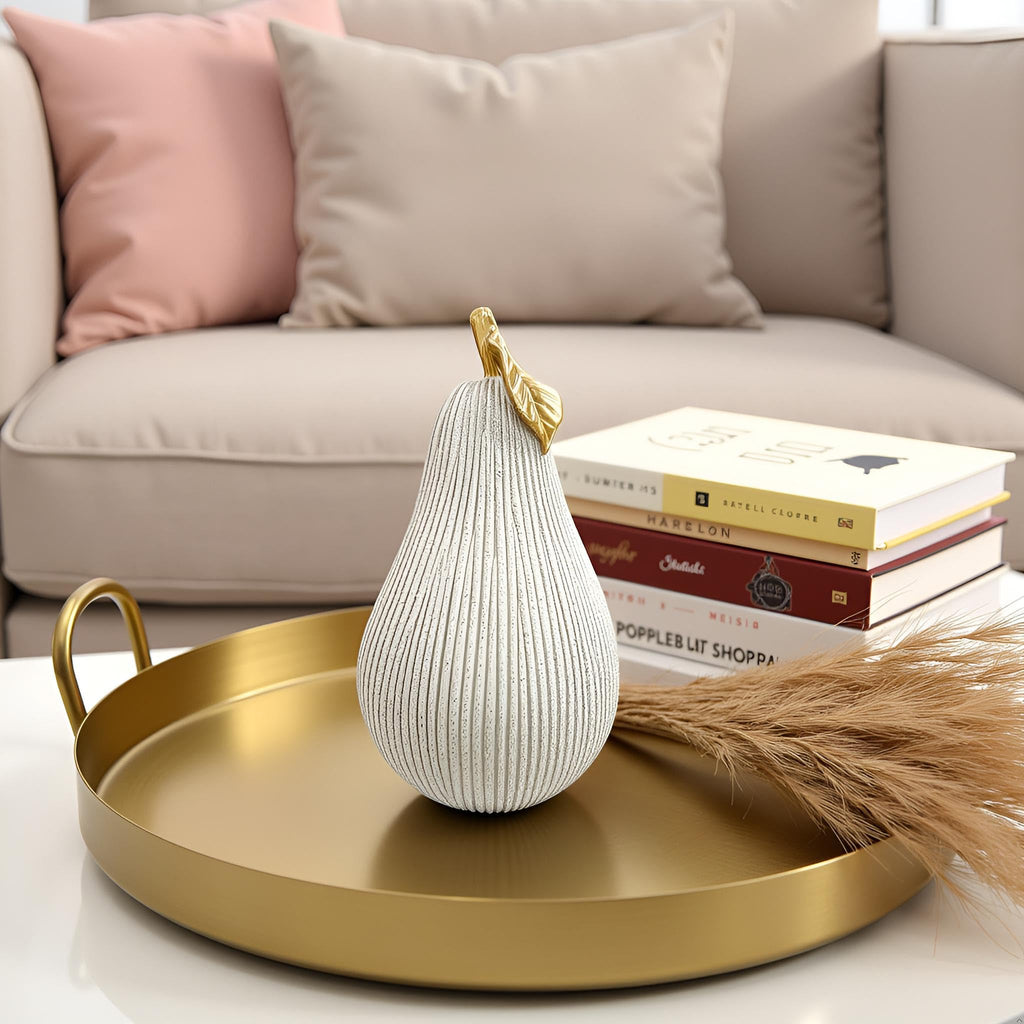 Gray-White Pear Figurine with Gold Leaf, Resin Pear Sculpture Decor, Minimalist Decorative Fruit Statue Counter
