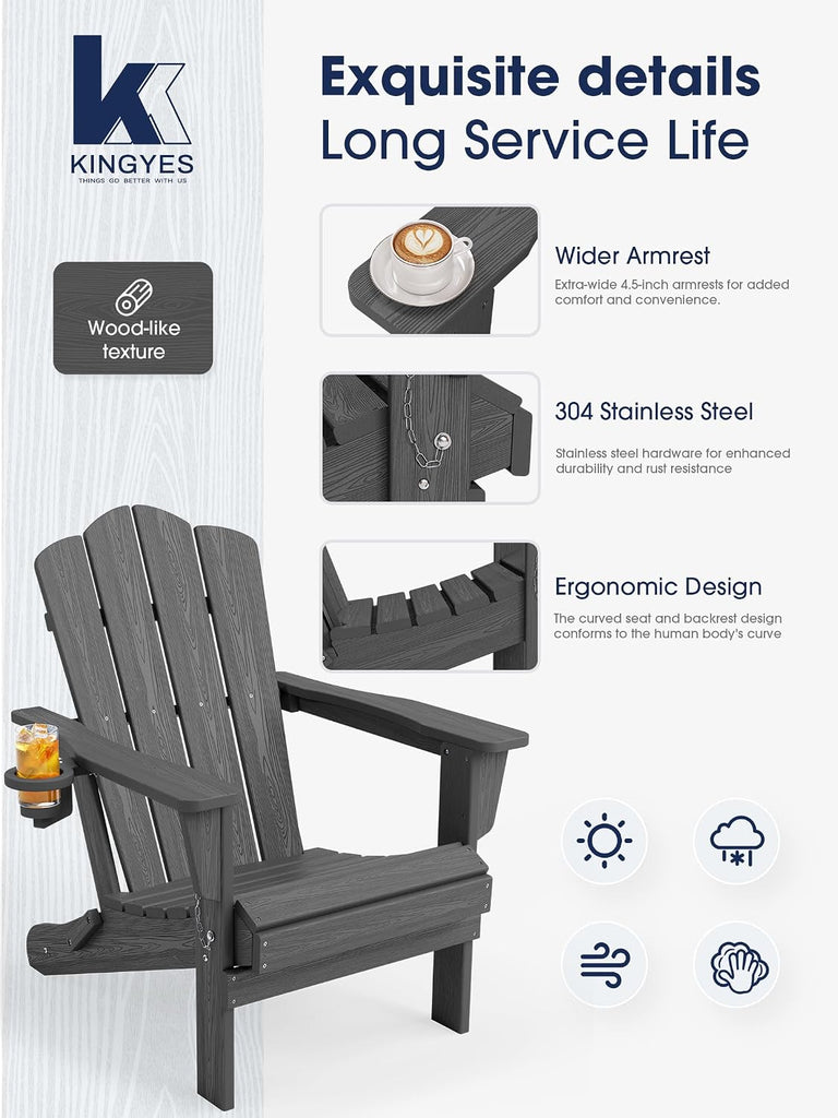Folding Adirondack Chair with Cup Holder, Grey | HDPE All-Weather Patio Chairs, Wooden Textured Lawn Chair for