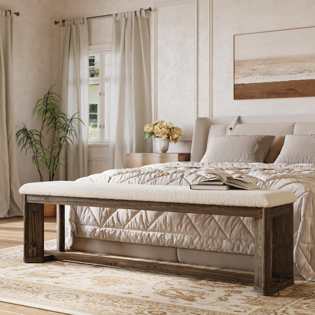 63" Upholstered Bench, Solid Wood Entryway Shoe Bench with Cushion, Long Modern Farmhouse End of Bed Bench with