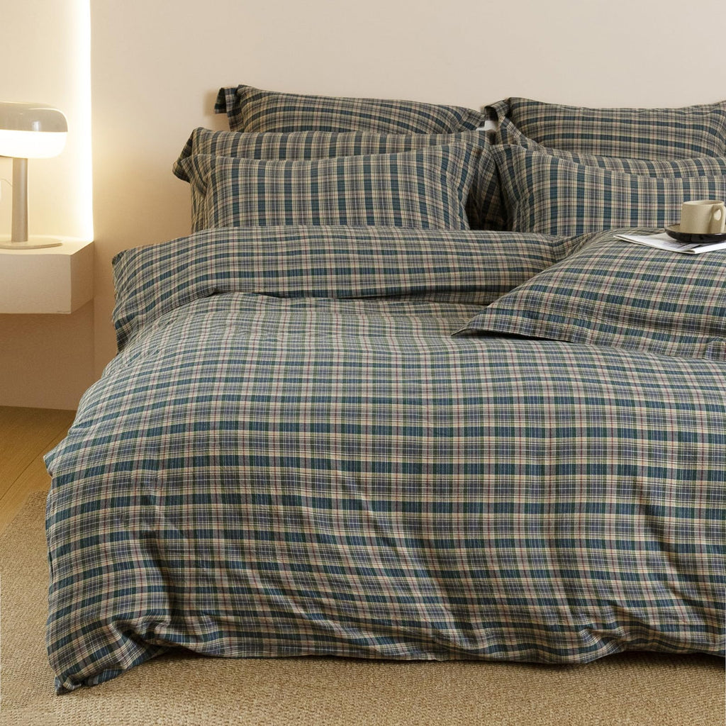 100% Washed Cotton Soft Farmhouse Plaid Duvet Cover, Zipper & Ties