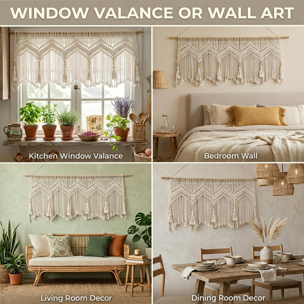 Boho Macrame Window Valance, Handmade Cotton, 52 x 21, 1 Panel