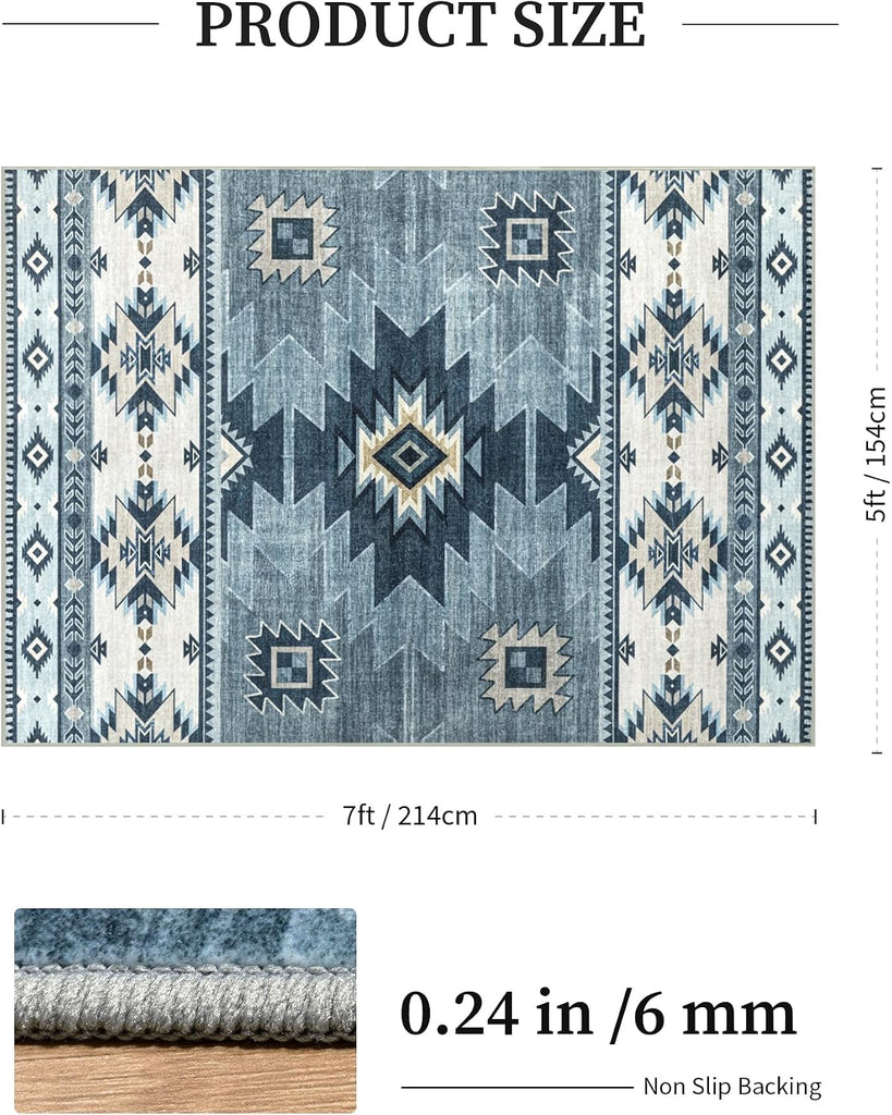 Washable Western Aztec Area Rug, Blue
