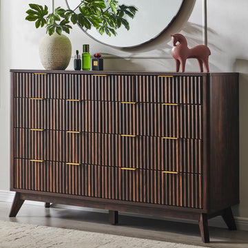 54" Wide Fluted 9 Drawer Dresser, Dark Walnut