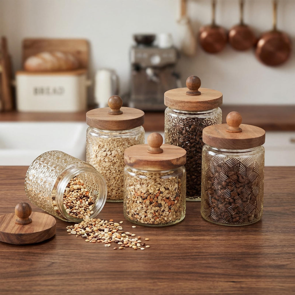 5 Pcs Vintage Glass Canisters Kitchen Glass with Lid, Transparent