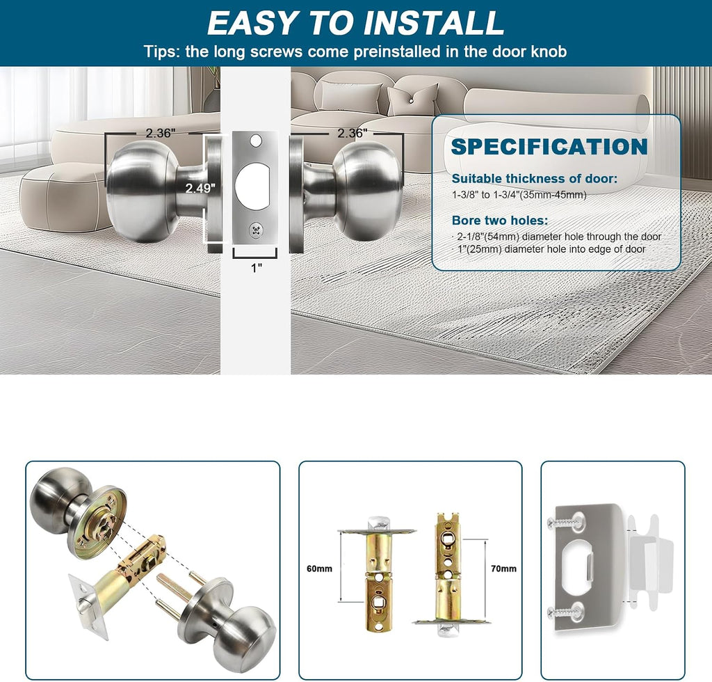 Passage Door Knobs, 4 Pack Satin Nickel Door Knobs, & Closet Non-Locking Interior Round Door Handles Keyless