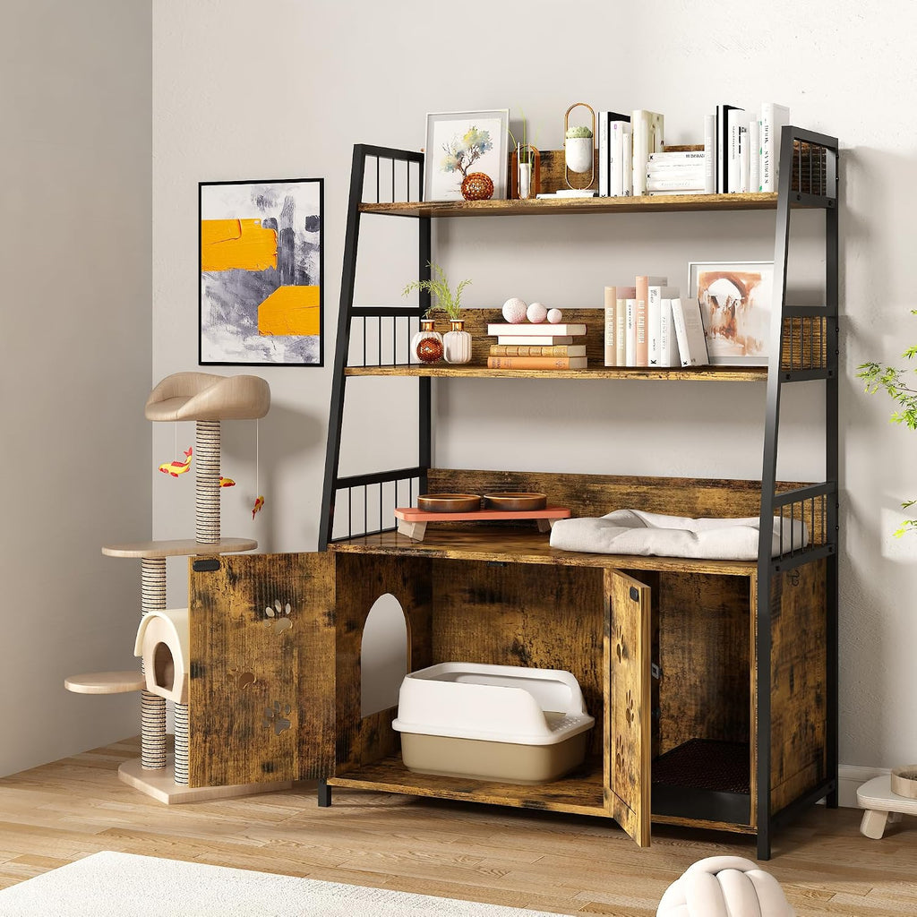 Large Cat Litter Box Enclosure with Shelf Storage, Hidden Cat Washroom Furniture, Wooden Cat House with Scratch Pad