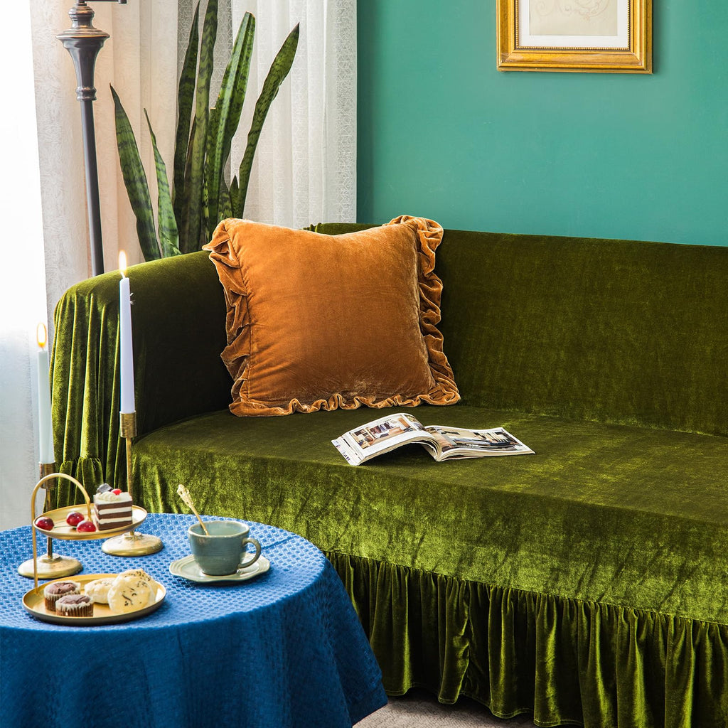 Velvet Sofa Cover Soft Decorative Luxurious Solid Exquisite Ruffle Trim, Retro Farmhouse Vintage Sofa Slipcover Couch