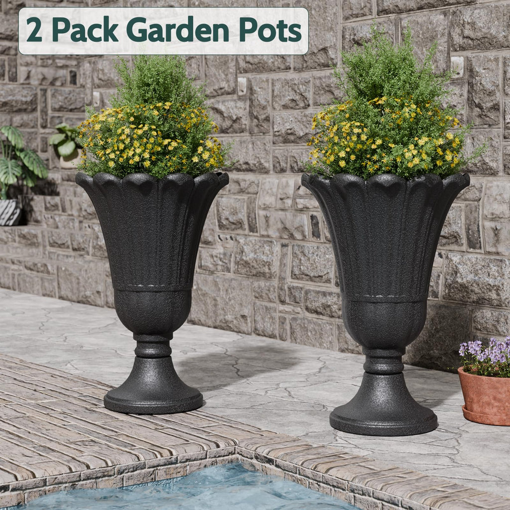 Tall Plastic Urn Planters and Pedestal - 24" Outdoor Planter Black