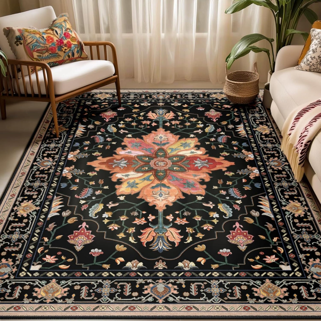 Area Rugs Washable Non-Slip, Floral Vintage Distress Print Pattern Medallion Carpet for Living Room Bedroom